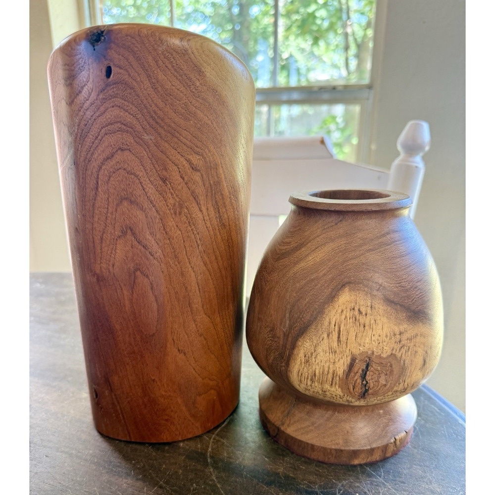 Vintage Hand Turned Solid Wood Decorative Vase Set 2 Rustic Artisa - Picture 6 of 9